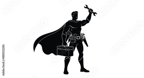 Superhero handyman holding a wrench and carrying a toolbox black silhouette