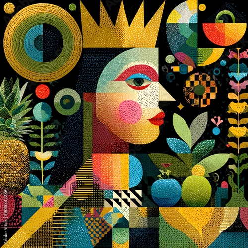 Wallpaper Mural Maximalist Abstract Portrait with Crown and Tropical Elements Torontodigital.ca