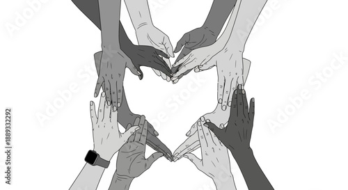 Diverse hands forming a heart shape symbolizing unity and connection.