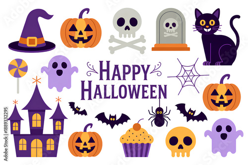 Set of halloween holiday symbols including pumpkins, witch hat, black cat, ghost, spiders, bats, skull and text
