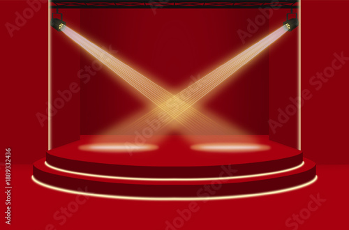 Stage lighting with spotlights, theater stage lighting, studio talk show lighting on a red background. Isolated lighting. Vector illustration.