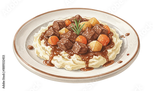 Hearty Beef Stew with Mashed Potatoes Carrots Potatoes Gravy and Rosemary on a Plate Delicious Appetizing Meal