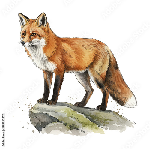 Alert red fox standing on a mossy rock looking attentively in a beautiful watercolor illustration