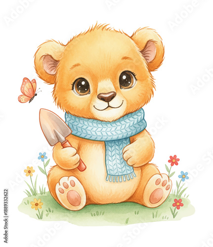 Adorable happy bear cub wearing a blue scarf sitting in green grass holding a gardening trowel with a flying butterfly