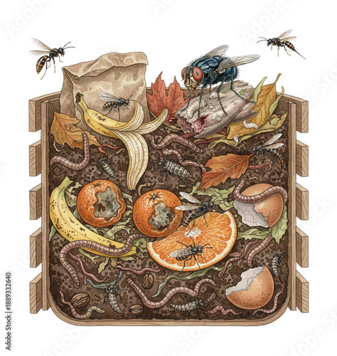 Compost bin full of organic waste food scraps worms insects flies and wasps illustrating decomposition and recycling