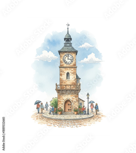 Historic watercolor clock tower with people sitting and walking around its base on a cobblestone plaza