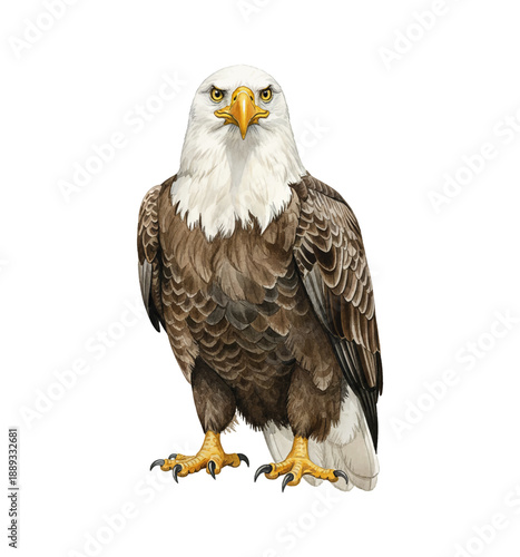 Majestic Bald Eagle Standing Alert with Powerful Expression and Intense Yellow Eyes Detailed Illustration