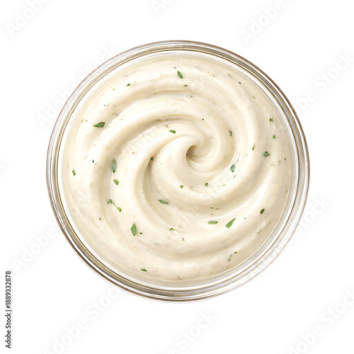 Creamy garlic sauce, a culinary delight, photographed from above, inviting one to imagine the taste isolated on transparent background
