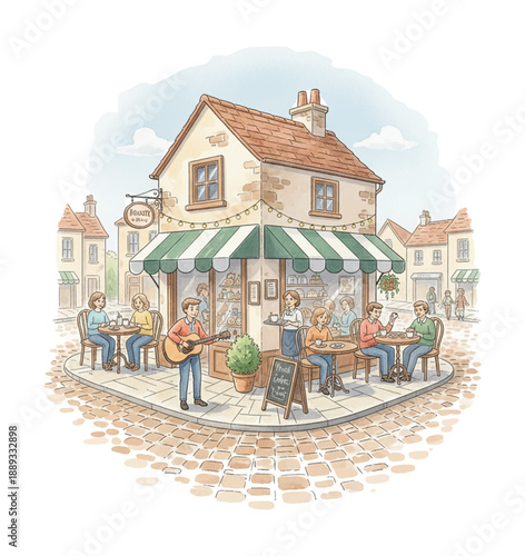 Charming street corner cafe with people relaxing and enjoying outdoor dining as a musician plays guitar