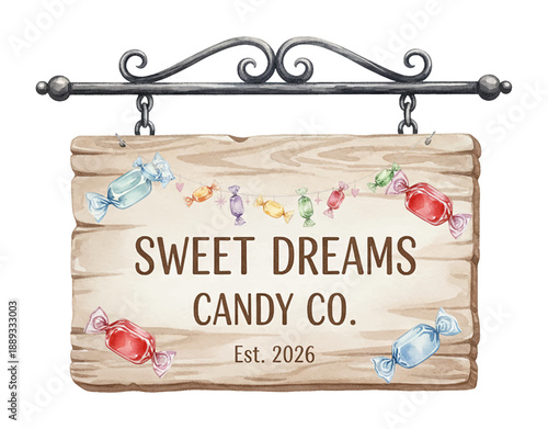 Sweet Dreams Candy Company wooden sign with colorful wrapped candies watercolor illustration