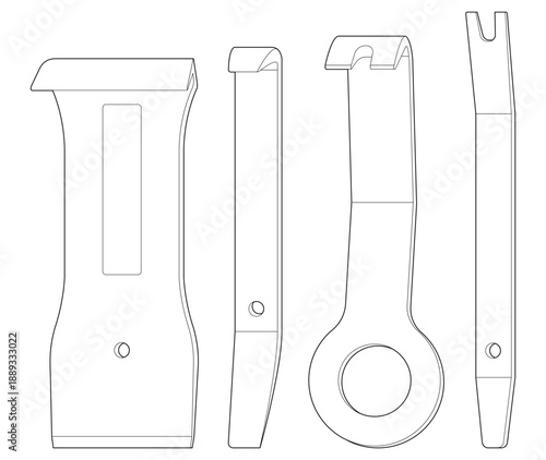 Vector illustration of automotive interior repair tools. Isolated on white. Black line design. Tool set.