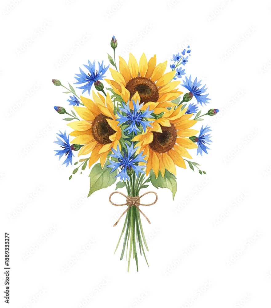 Naklejka premium Vibrant Bouquet of Yellow Sunflowers and Blue Cornflowers Tied with Twine Rustic Floral Arrangement