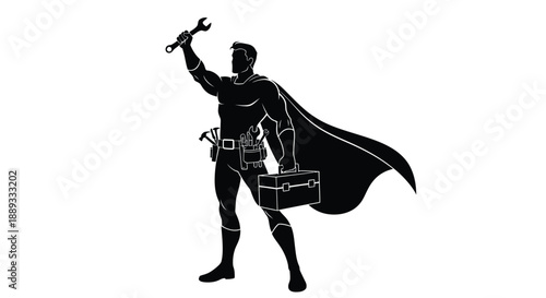 Superhero handyman with cape and toolbox silhouetted against a white background