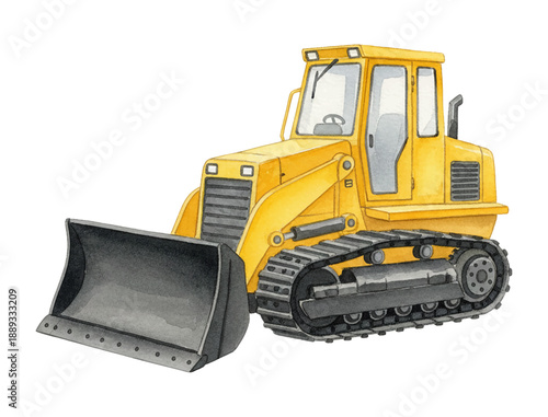 Yellow Bulldozer Construction Vehicle with Front Shovel and Tracks Detailed Watercolor Illustration on White Background