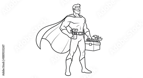 A superhero stands with a toolbox holding a cape in a simple line drawing