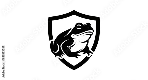 Black and white frog illustration within a shield symbol on white background