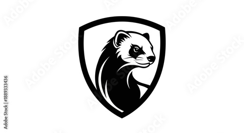 Black and white graphic illustration of a ferret in a shield shape