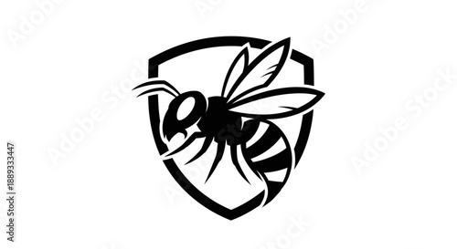 Black and white graphic of a wasp inside a shield