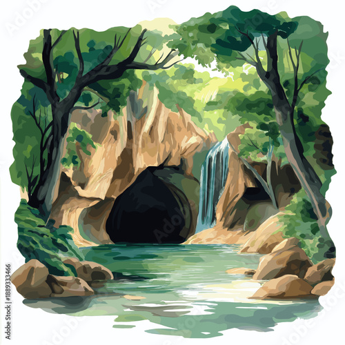 Cueva del Guacharo. Cueva del Guacharo hand drawn watercolor illustration
