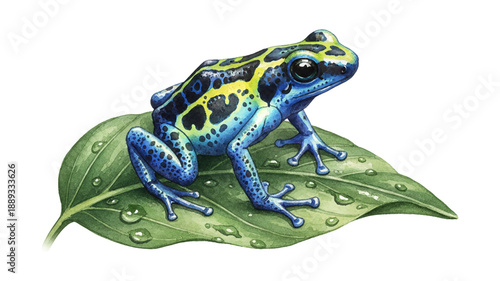 Vibrant Blue and Yellow Poison Dart Frog Sitting on a Wet Green Leaf Detailed Illustration