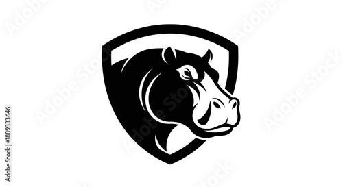 Black and white hippo head silhouette inside shield vector illustration