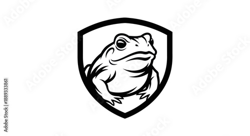 Black and white illustration of a frog within a shield design
