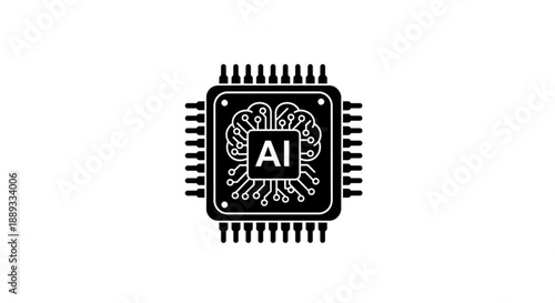 A black and white illustration of a microchip with ai brain on it