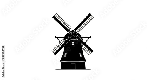 A black silhouette of a traditional dutch windmill with four blades