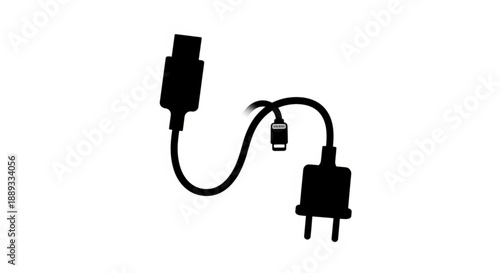 Black silhouette of a usb cable with a power adapter and usb connector