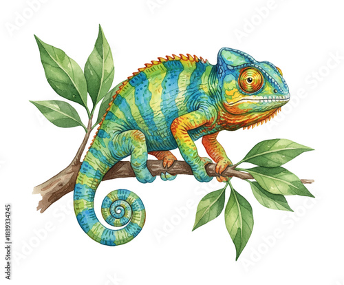 Vibrant chameleon with colorful striped skin perching on a tree branch alertly observing nature