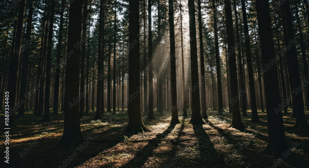 Fototapeta premium Sun rays pierce a dark, dense forest, casting long shadows on the floor