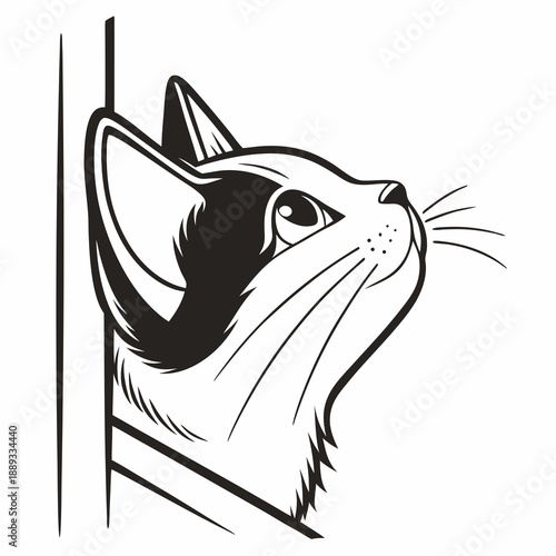 Cat peaking head vector design. Peaking cat head silhouette black and white. Peaking cat logo, icon.