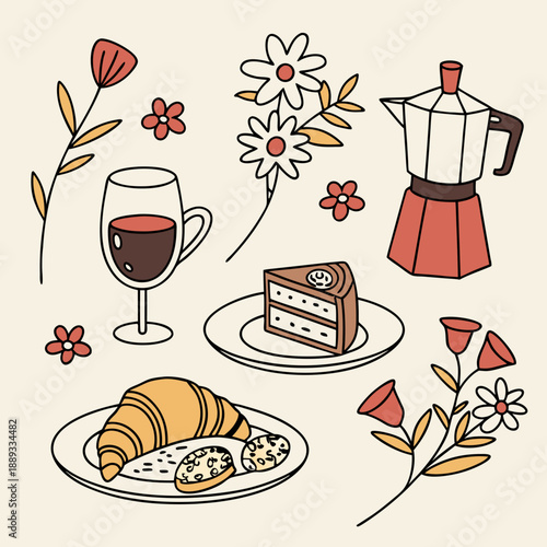 Set of hand drawn vintage posters in dolce vita style. Whimsical drawings of wine, coffee, pastries and flowers. Breakfast, lunch, dinner concept. Contemporary art vector illustrations