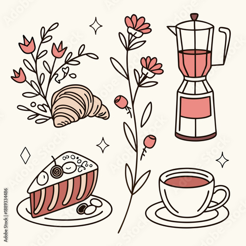 Set of hand drawn vintage posters in dolce vita style. Whimsical drawings of wine, coffee, pastries and flowers. Breakfast, lunch, dinner concept. Contemporary art vector illustrations