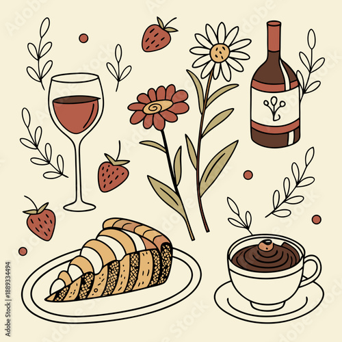 Set of hand drawn vintage posters in dolce vita style. Whimsical drawings of wine, coffee, pastries and flowers. Breakfast, lunch, dinner concept. Contemporary art vector illustrations