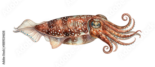 Detailed watercolor painting of a brown and white spotted cuttlefish marine animal isolated on white