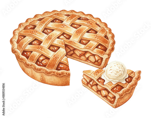 Delicious homemade apple pie with a lattice crust on a wooden board a slice served with vanilla ice cream