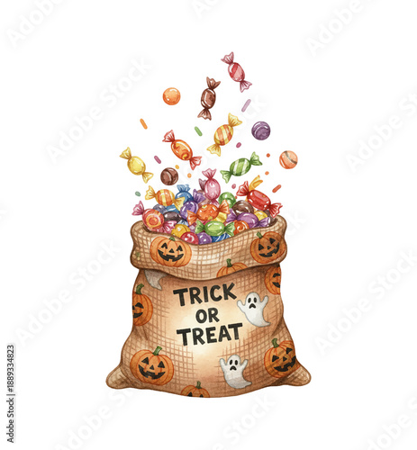 Colorful Candies Spilling from a Trick or Treat Halloween Sack Decorated with Pumpkins and Ghosts Watercolor Illustration