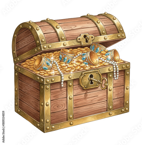 Old Wooden Treasure Chest Overflowing with Shiny Gold Coins Precious Pearl Necklaces and Ornate Jeweled Goblets