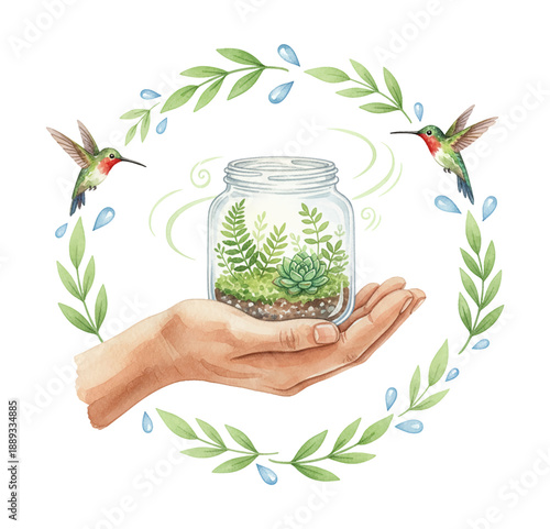 Hand cradling a beautiful terrarium with ferns and succulents encircled by flying hummingbirds green leaves and water drops