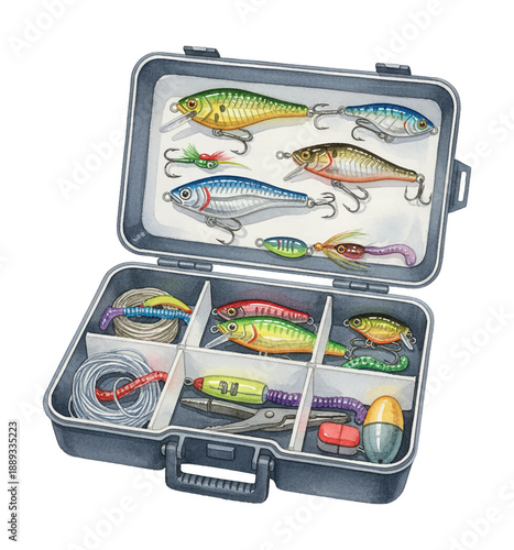 Fishing tackle box open filled with colorful lures hooks fishing line and tools for angling hobby
