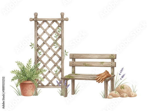 Watercolor garden scene with a wooden bench trellis potted plant and gardening glove in gentle tones
