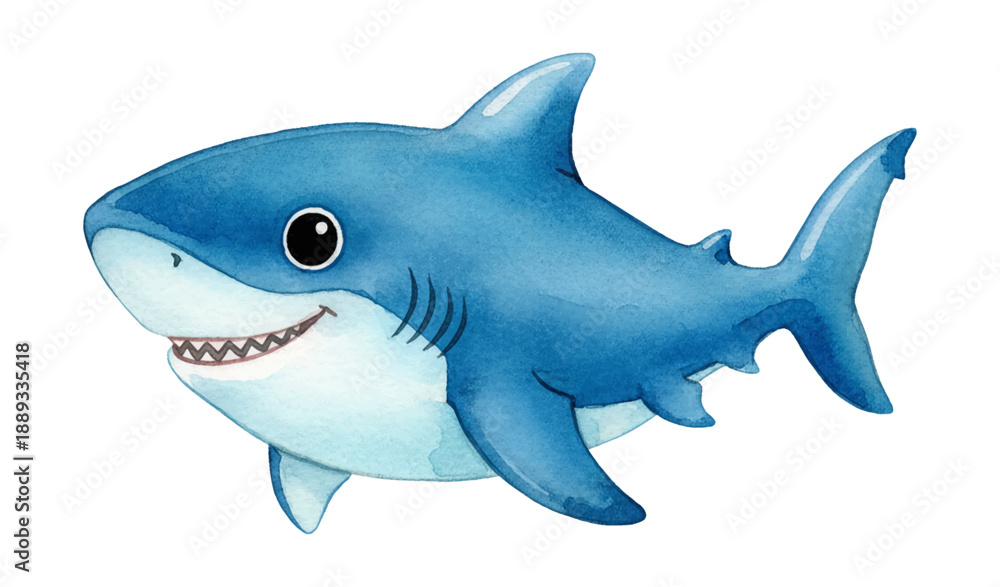 Fototapeta premium Happy Smiling Cute Blue Shark Showing Teeth Swimming Joyfully Cartoon Watercolor Illustration