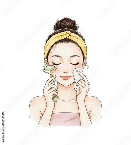 Asian woman calmly doing her skincare routine with jade roller and gua sha stone on her face with eyes closed and peaceful expression