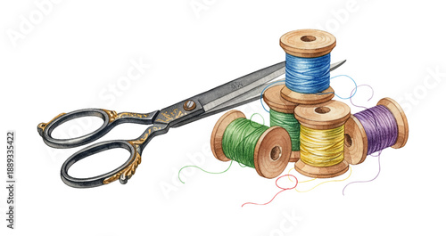 Vintage Sewing Scissors and Colorful Thread Spools on a White Background Detailed Illustration