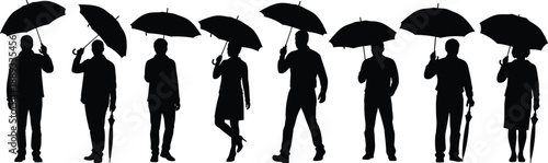 Silhouette of diverse people holding umbrellas together symbolizing protection, teamwork, corporate unity, insurance coverage, safety, anonymity, and security