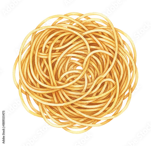 Neatly Coiled Raw Spaghetti Pasta Ball Isolated on White Background Watercolor Illustration