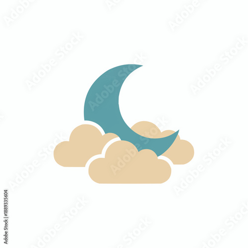 Minimalist Teal Crescent Moon and Beige Clouds Icon Vector