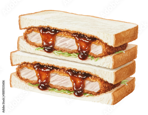 Two Delicious Japanese Katsu Sando Sandwiches Stacked with Crispy Pork Cutlet Sauce and Fresh Lettuce Watercolor