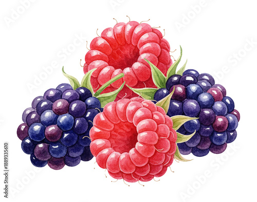 Vibrant Red Raspberries and Dark Blue Blackberries Fresh Berry Mix Watercolor Illustration Isolated